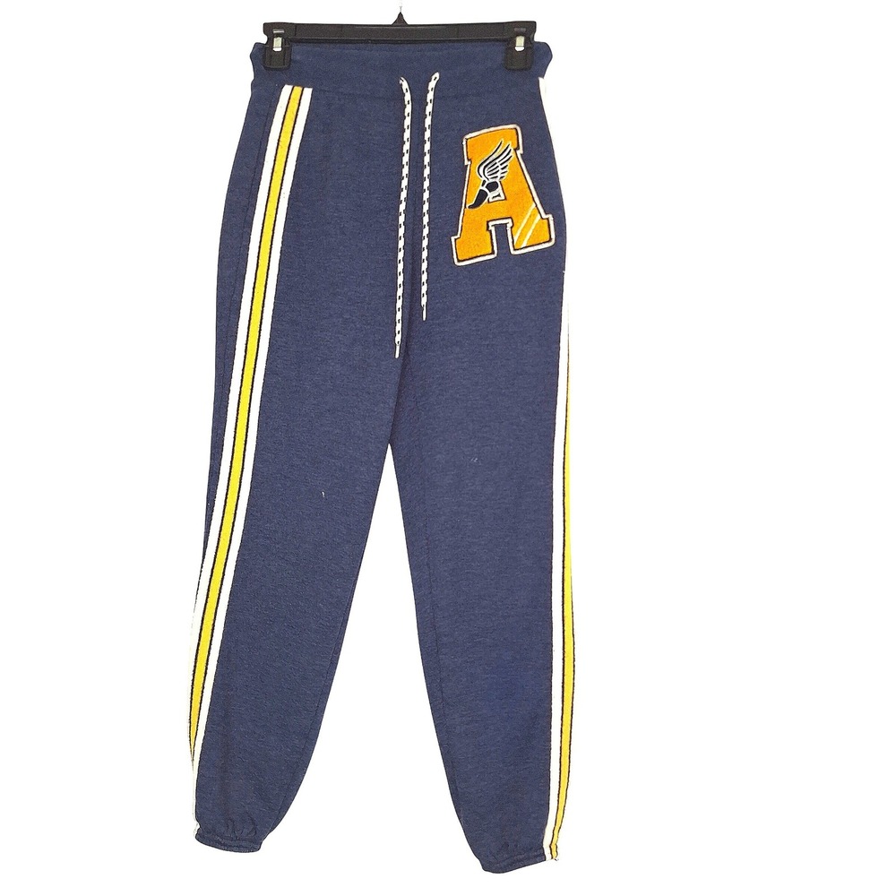 No Boundaries Women Navy Sherpa Lined Varsity Jogger Sweatpants XS Yellow Stripe